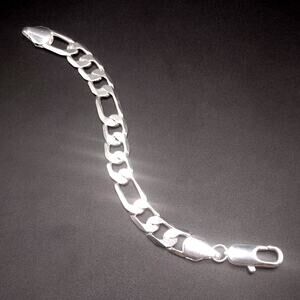 925 Sterling Silver Figaro Bracelet 8 in. x 12 mm. Thick Men's Fashion Gift NEW!